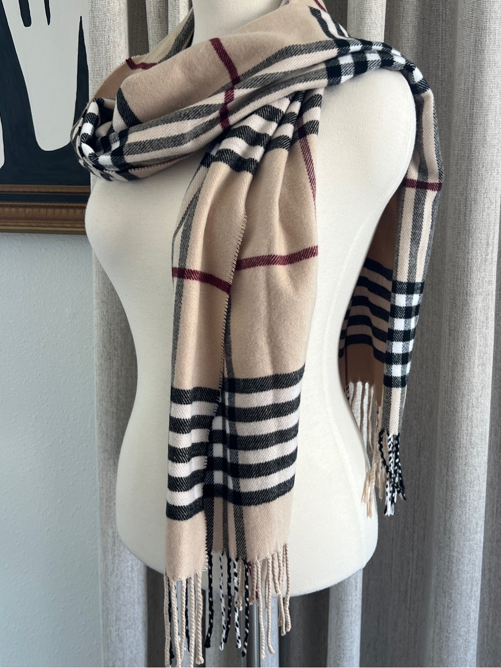 Classic Camel Tartan Plaid Cashmere Blend Scarf Fringe Tan Red Black Check Cozy